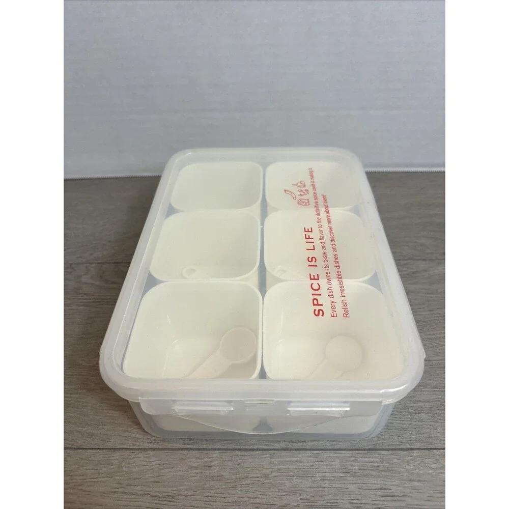 Spice Holder 6 Compartments Each With Small Spoons Plastic Space Saver Cooking